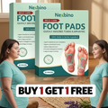 Nexbino foot pads packaging with a woman standing on a wooden floor.