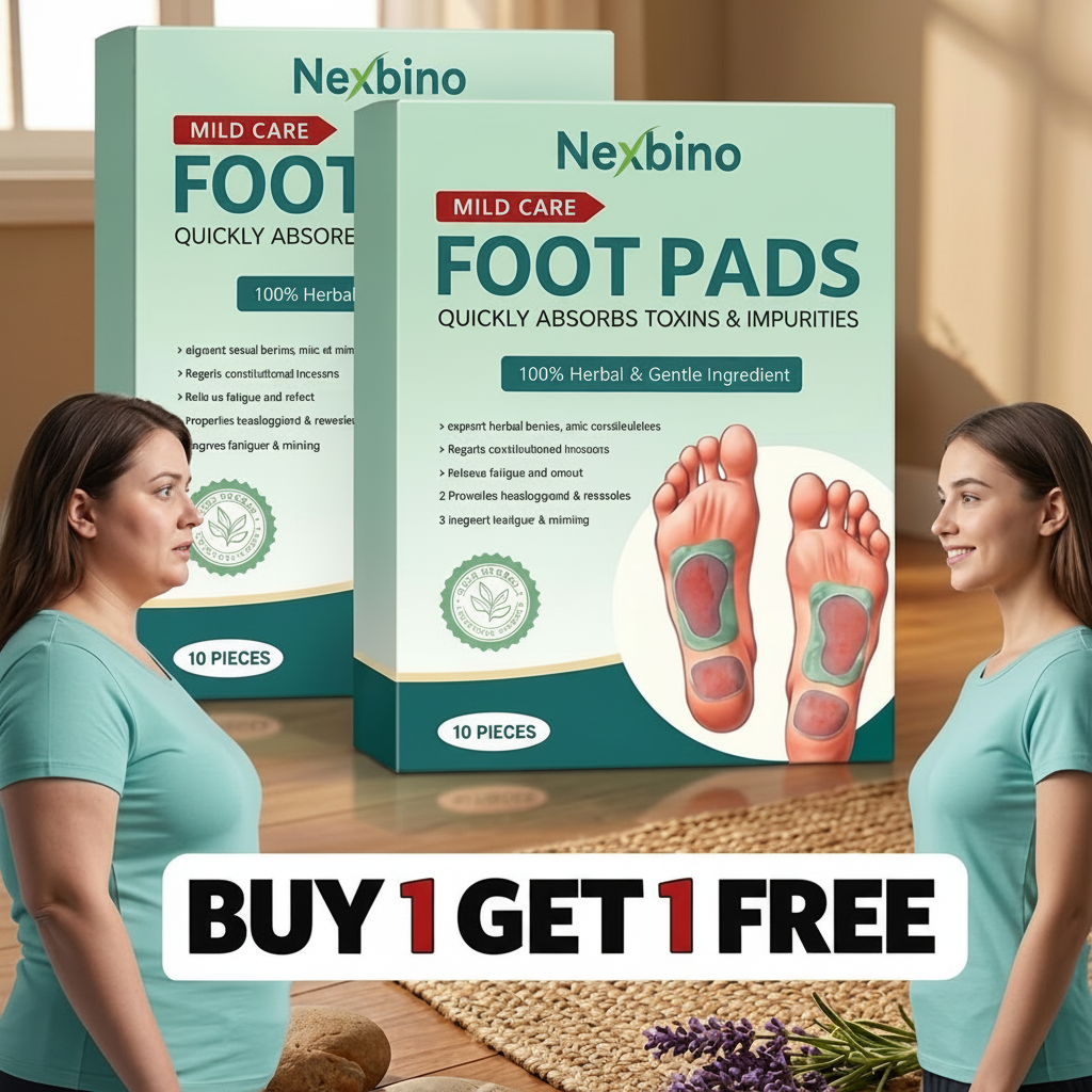 Nexbino foot pads packaging with a woman standing on a wooden floor.