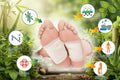 Feet with foot patches and health benefits icons on a green background